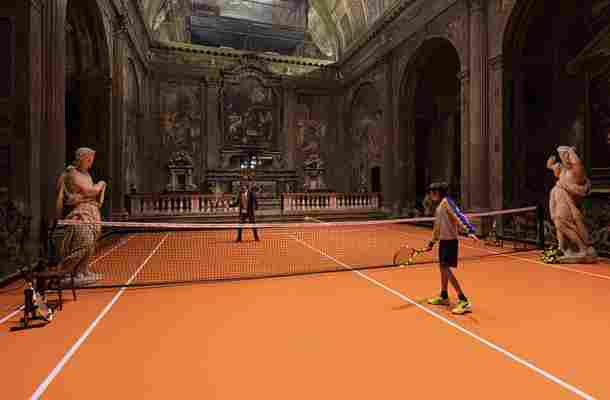 Practice your serve at a tennis court inside a 16th century church in Milan